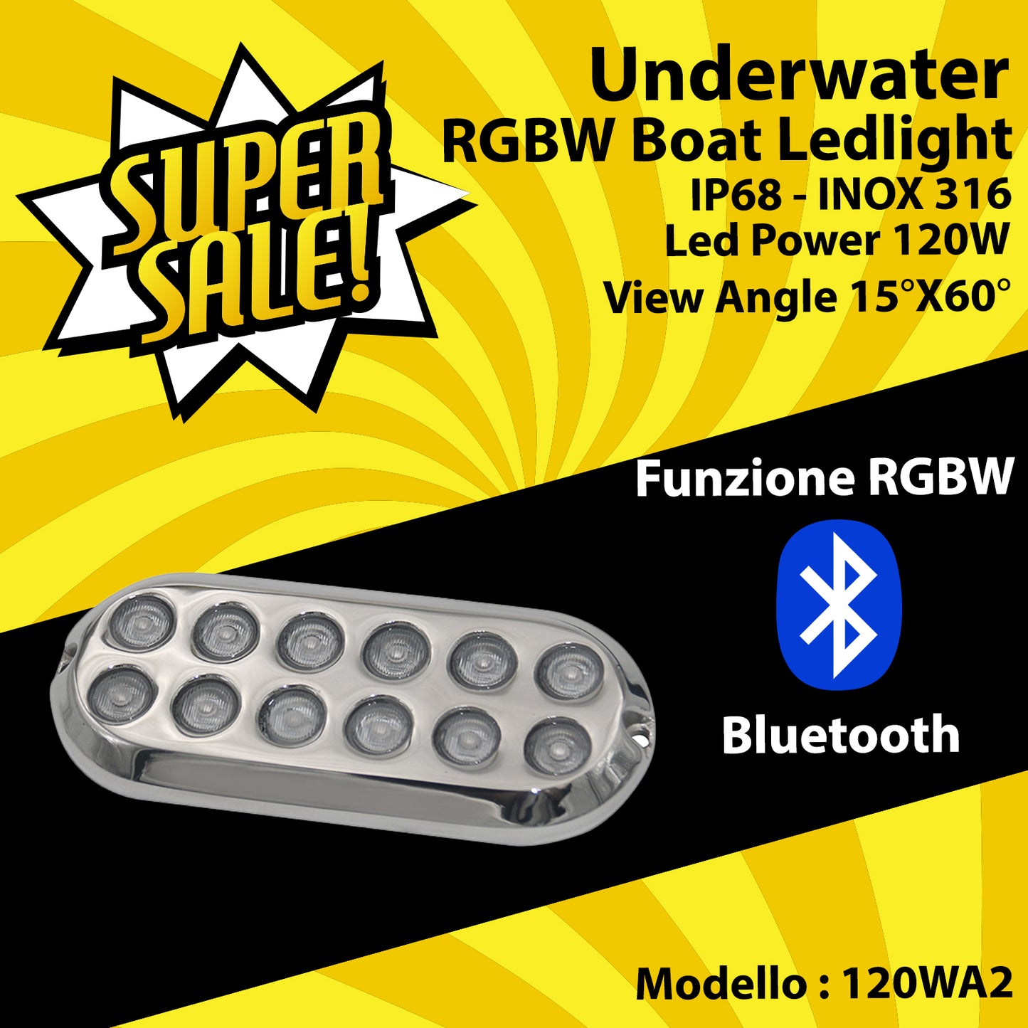 IP68 RGBW Underwater Led in 316 Steel with Tempered Glass 