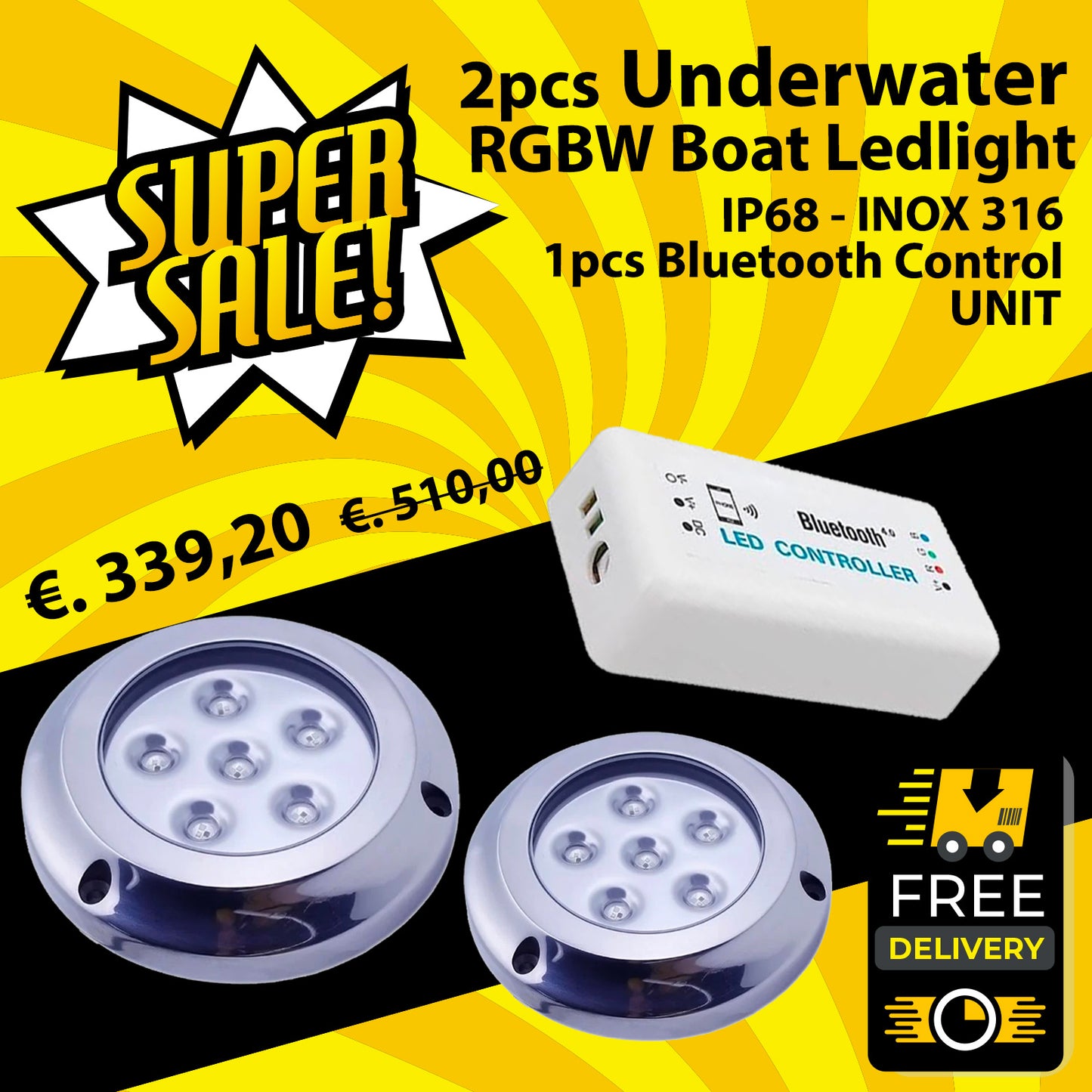 LED sous-marine IP68 RGBW en acier 316 avec verre trempé 