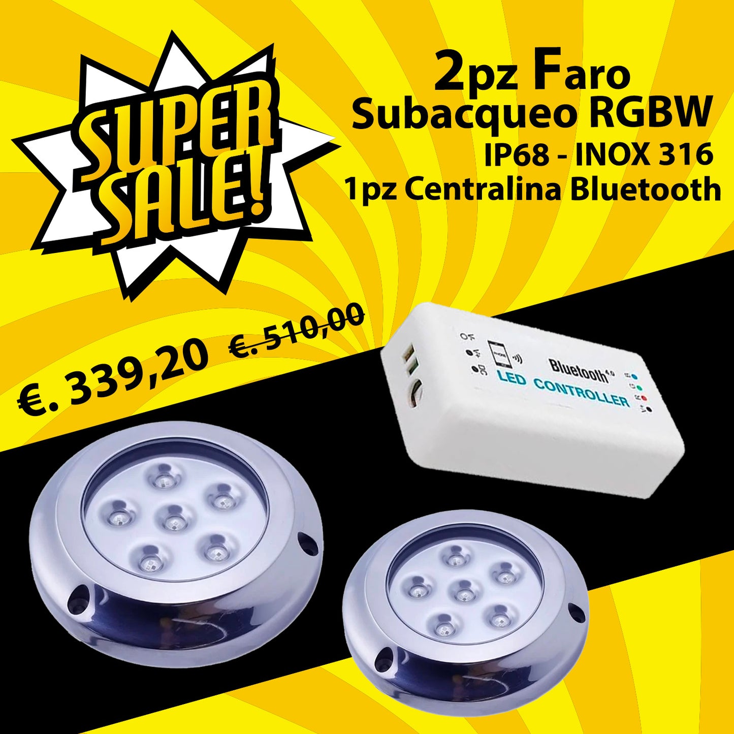 Doppio Faro Subacqueo per la nautica a LED RGBW IP68 e Centralina Bluetooth